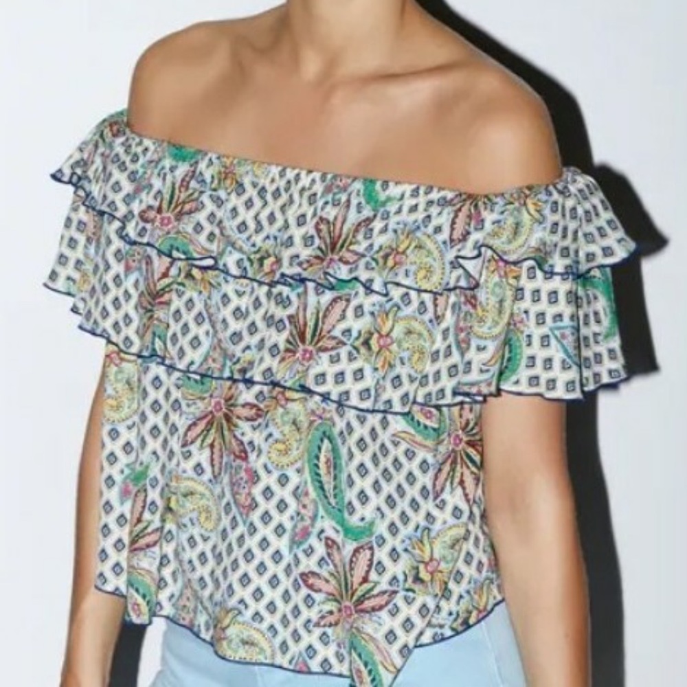 Zara Paisley Floral Crop Top Blouse Off-Shoulder Tiered Ruffle Farm Rio Festival